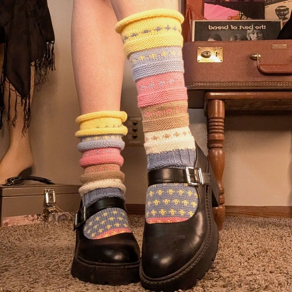 Chunky Knit Socks Unisex One Size Pastel Blue Multicolor Patterned